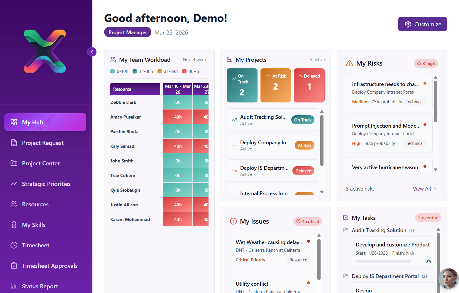 Purple project management dashboard featuring team workload, project status, risks, issues, and tasks.
