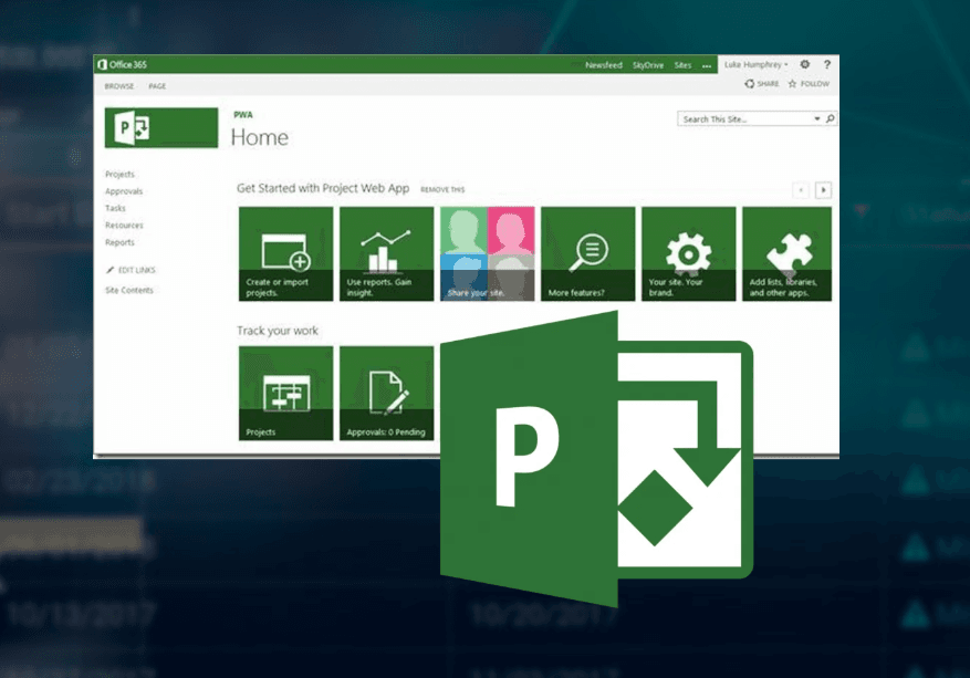 Microsoft Project Web App dashboard with green tiles and a large green Project logo.